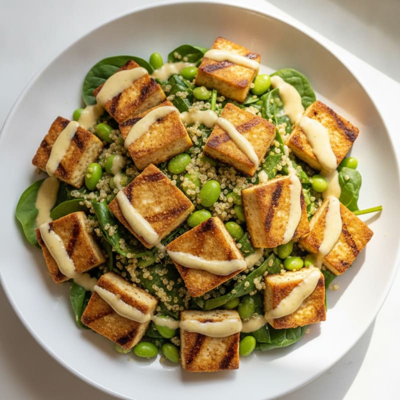 Grilled Tofu and Quinoa Salad with Edamame and Tahini Dressing