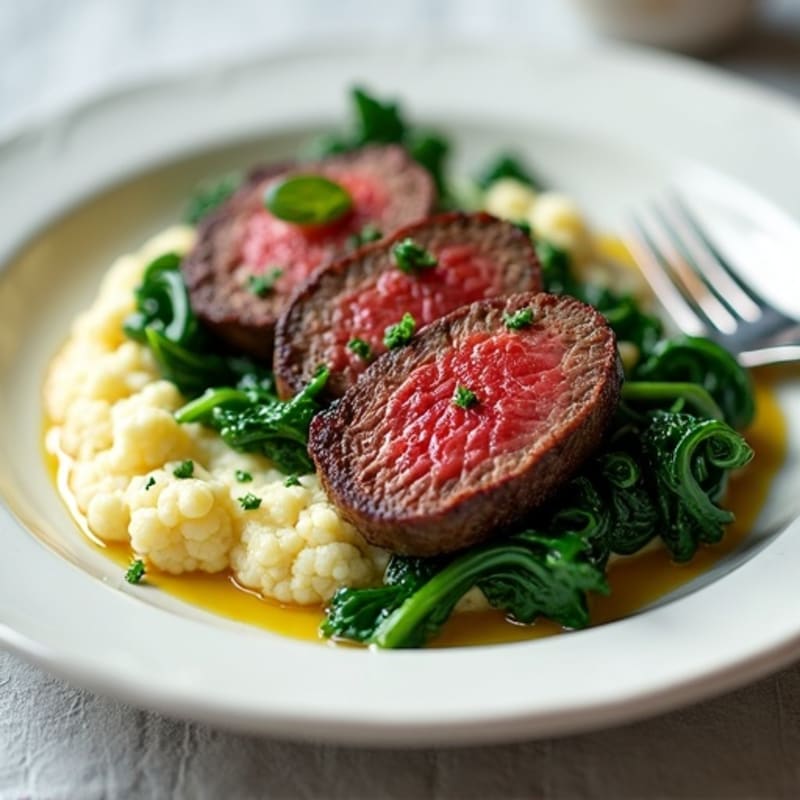 Seared Lean Beef with Sautéed Spinach and Cauliflower Mash