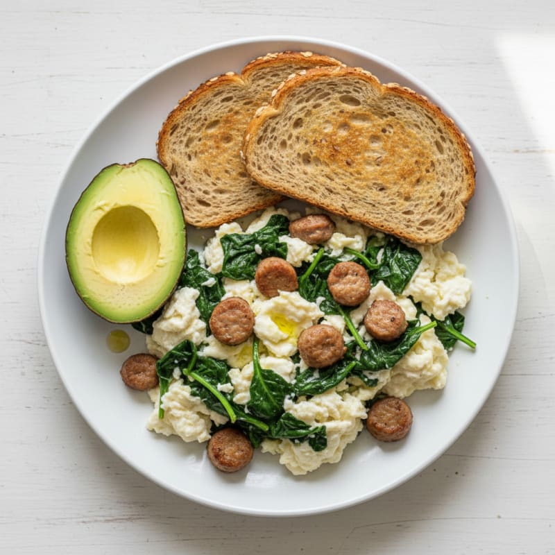 Egg White Scramble with Turkey Sausage and Sautéed Spinach