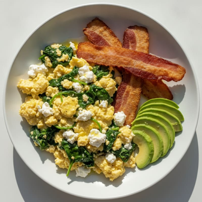 Cottage Cheese Egg Scramble with Spinach and Turkey Bacon