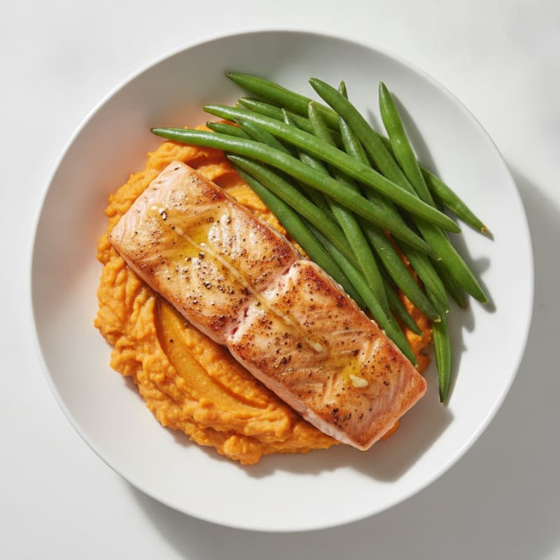 Seared Salmon with Steamed Green Beans and Sweet Potato Mash