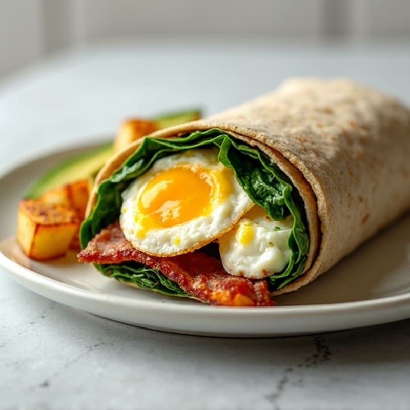 Crispy Turkey Bacon and Egg White Breakfast Burrito with Sautéed Spinach