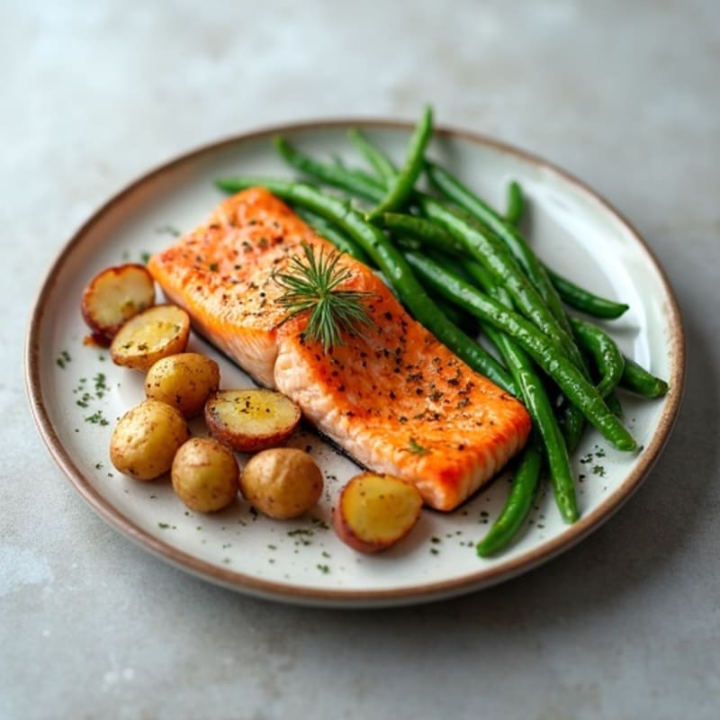 Roasted Salmon with Crispy Potatoes and Garlic Green Beans