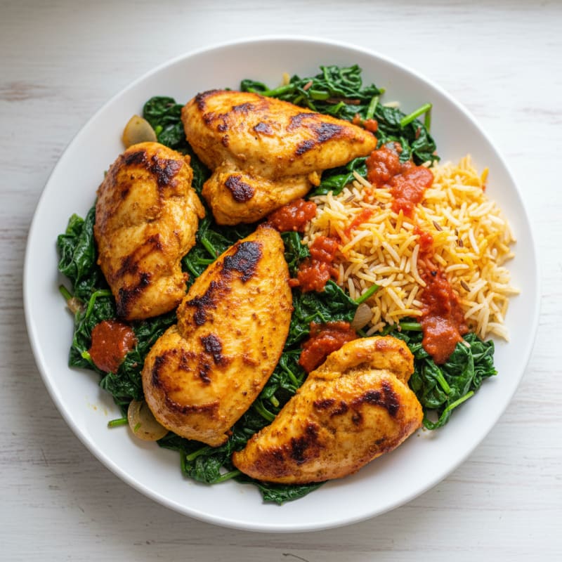Grilled Chicken Tikka with Sautéed Spinach