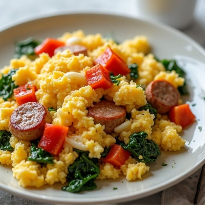 Fluffy Egg and Veggie Scramble with Lean Turkey Sausage