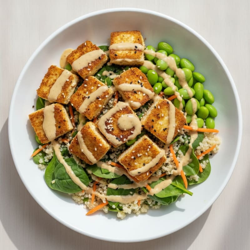 Crispy Tofu and Edamame Power Bowl with Quinoa