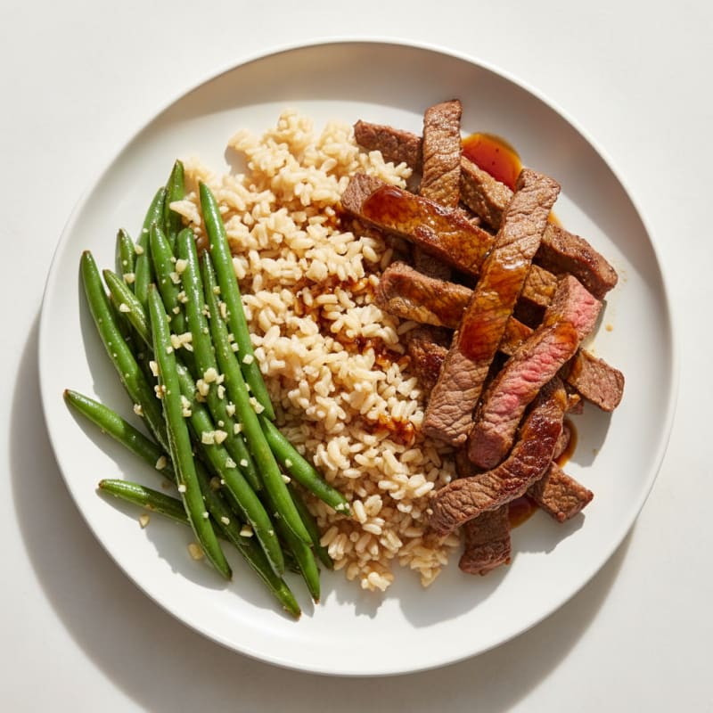 Seared Lean Beef with Garlic Green Beans and Brown Rice