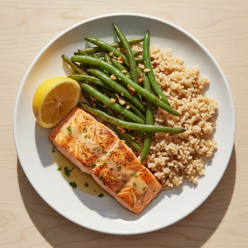 Seared Salmon with Garlic Green Beans and Brown Rice