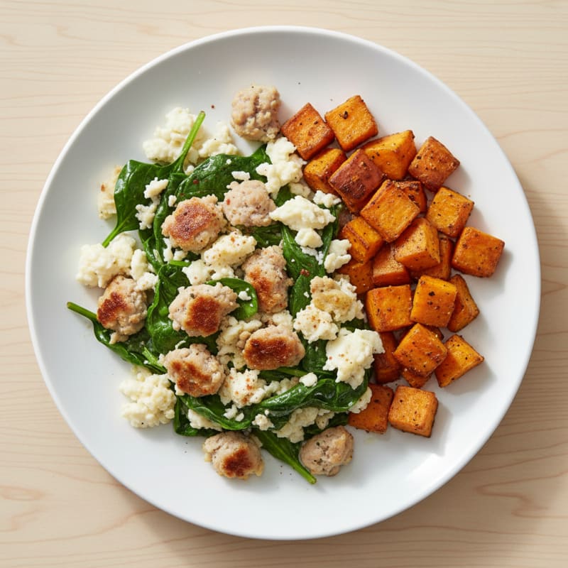 Egg White and Spinach Scramble with Turkey Sausage and Roasted Sweet Potato