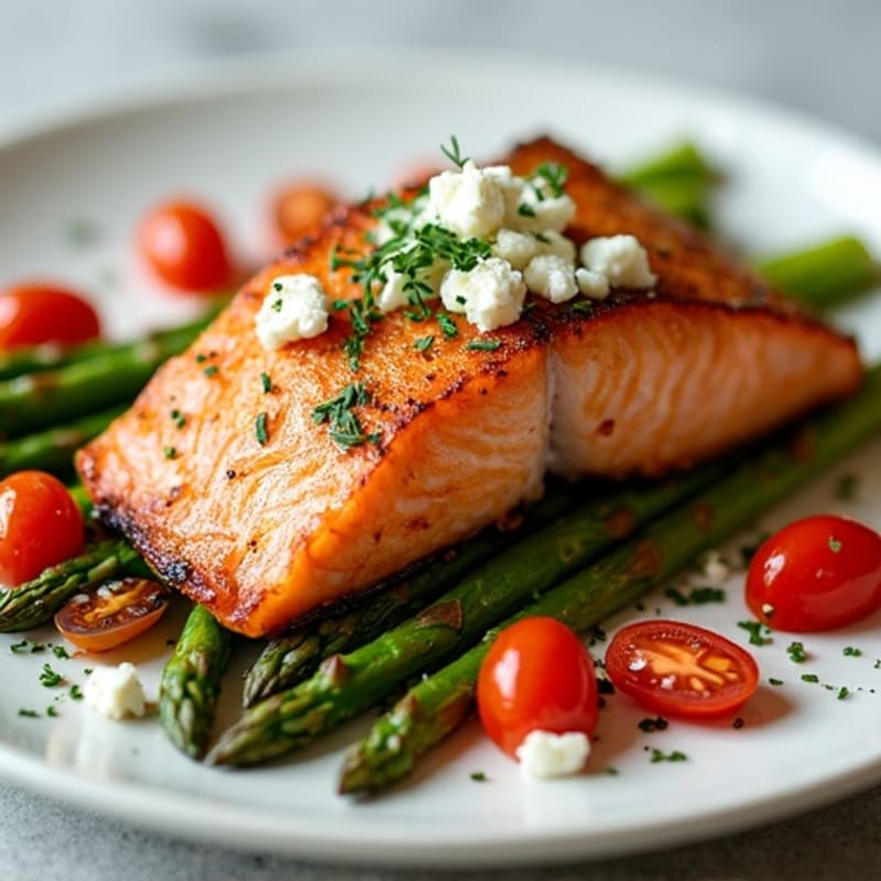 Crispy Roasted Salmon with Asparagus, Cherry Tomatoes, and Crumbled Feta