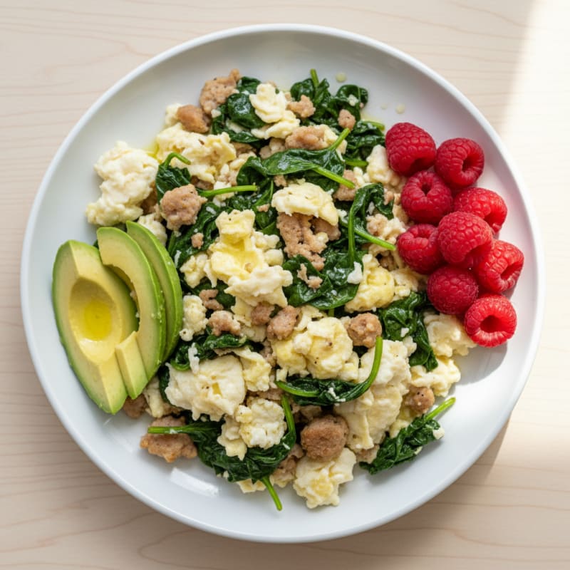 Egg White and Turkey Sausage Scramble with Sautéed Spinach