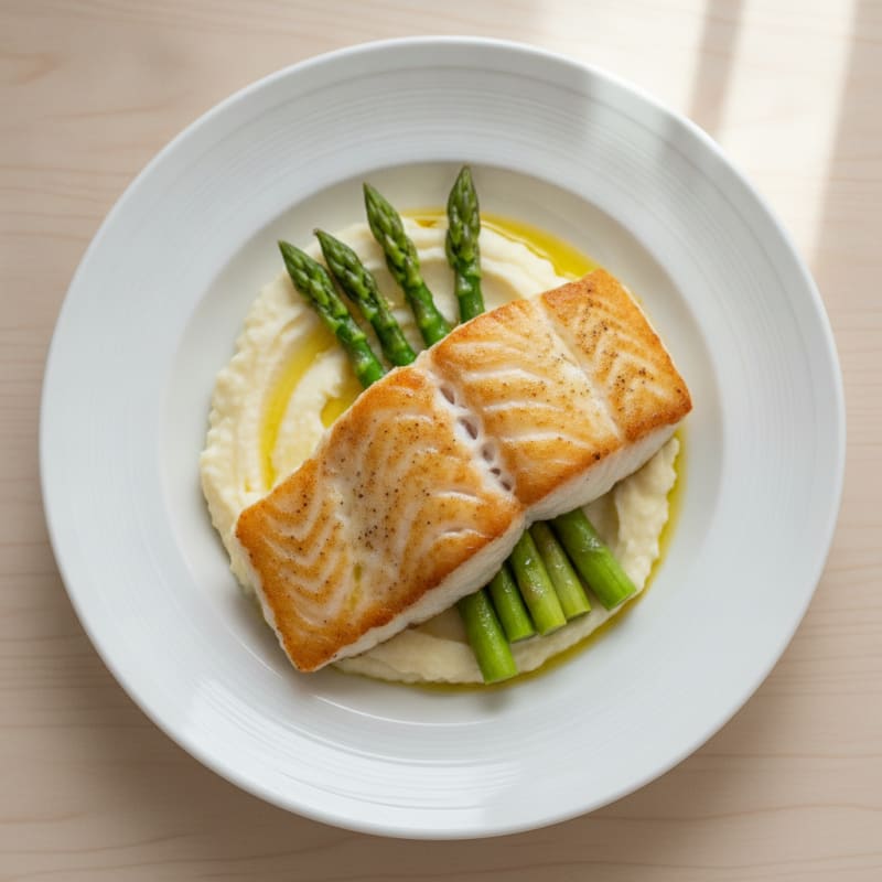 Seared White Fish with Steamed Asparagus and Cauliflower Mash