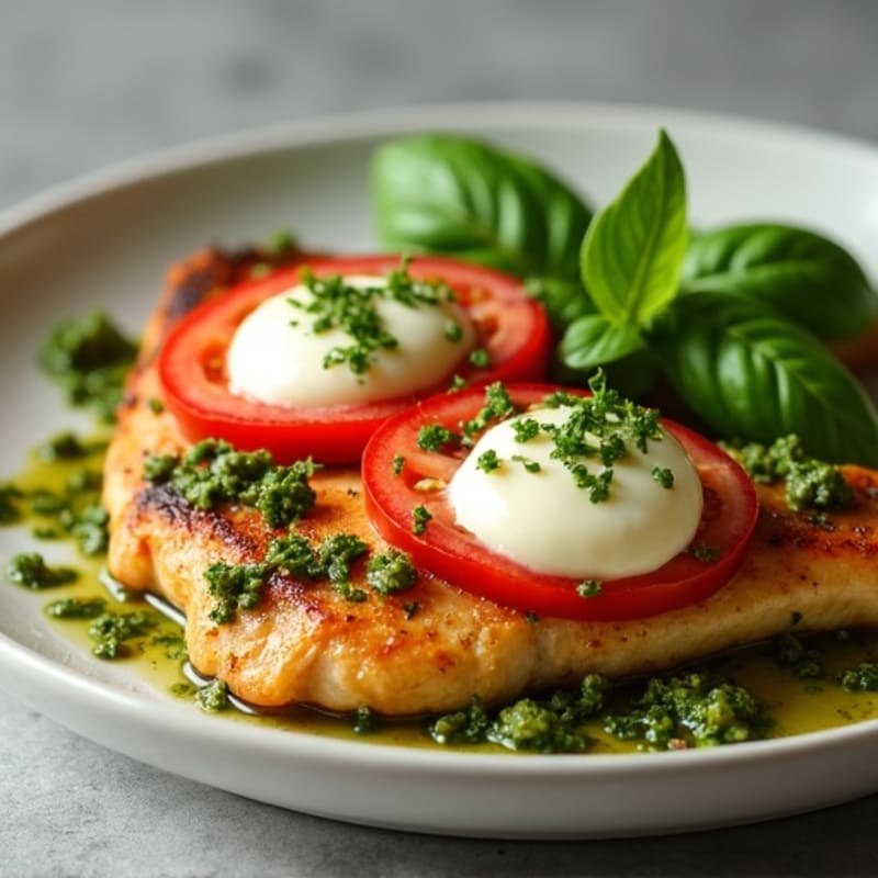 Pan-Seared Chicken with Creamy Basil Pesto, Fresh Tomatoes, and Mozzarella