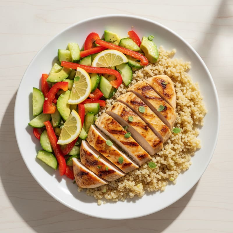 Grilled Chicken Breast with Quinoa and Crunchy Vegetable Salad