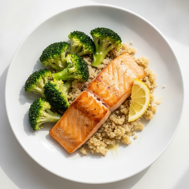 Seared Salmon with Steamed Broccoli and Quinoa