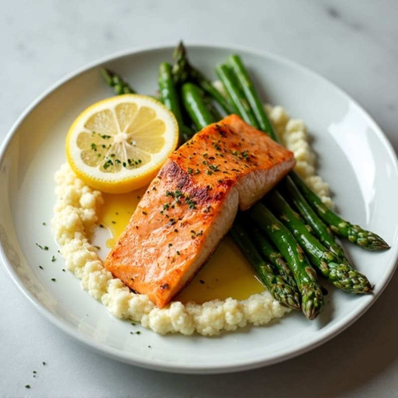 Seared Salmon with Steamed Asparagus and Cauliflower Mash