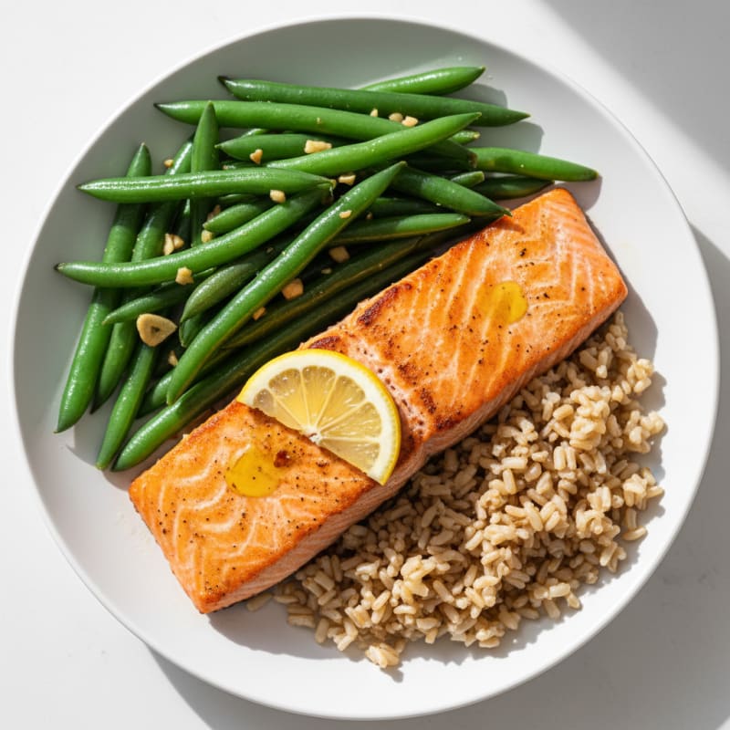Seared Salmon with Garlic Green Beans and Brown Rice