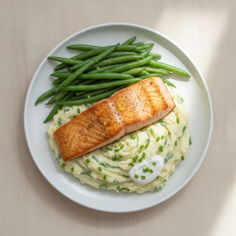 Seared Salmon with Herb Mashed Potatoes and Sautéed Green Beans