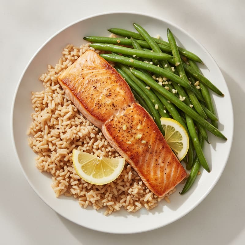 Seared Salmon with Garlic Green Beans and Brown Rice