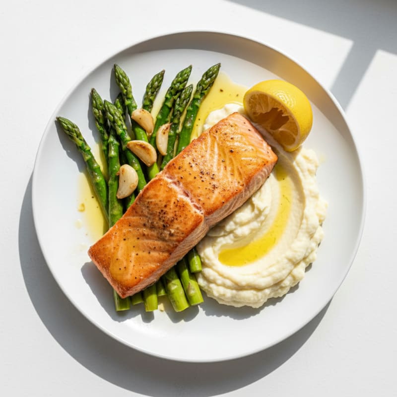 Seared Salmon Fillet with Roasted Asparagus and Cauliflower Mash