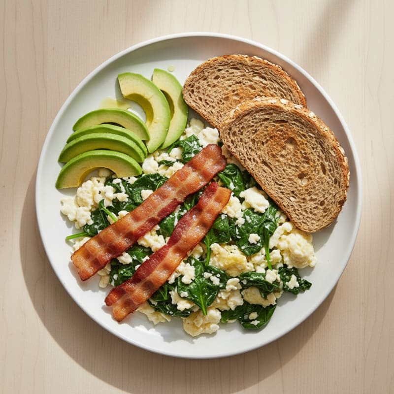 Crispy Turkey Bacon and Egg White Scramble with Spinach