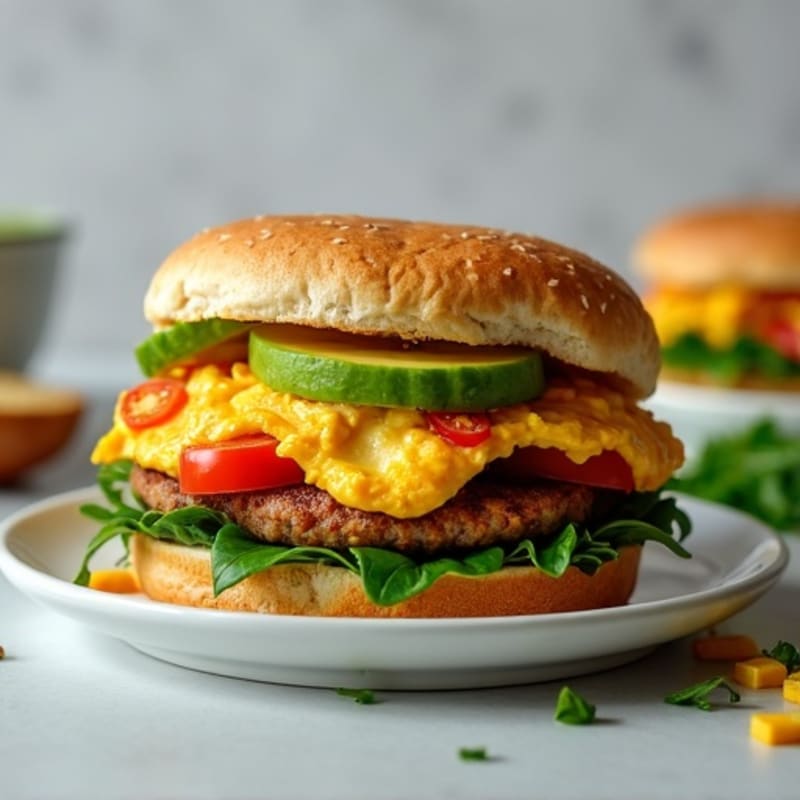 Egg White Veggie Scramble with Turkey Sausage Breakfast Sandwich