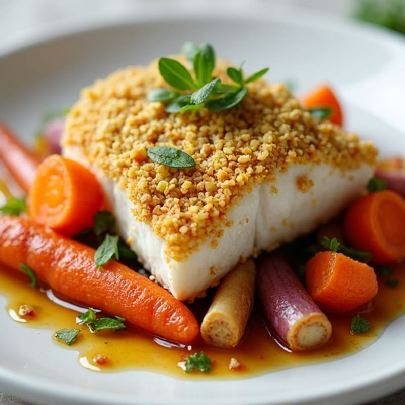 Pistachio-Crusted Cod with Roasted Root Vegetables and Bright Citrus Vinaigrette