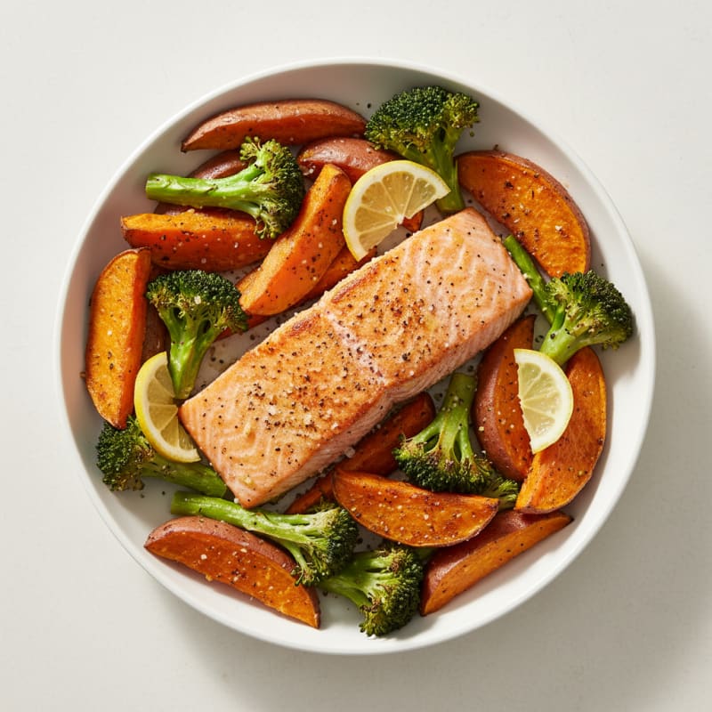 Sheet Pan Salmon with Roasted Sweet Potatoes and Broccoli