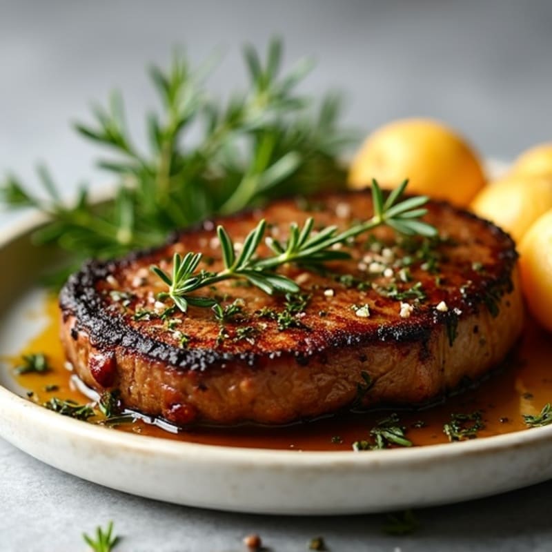 Herb-Crusted Pan Seared Steak with Roasted Garlic