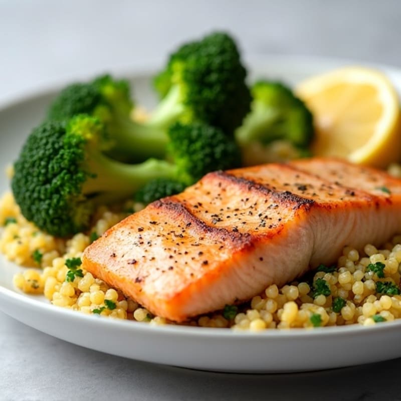 Seared Salmon with Steamed Broccoli and Lemon Quinoa
