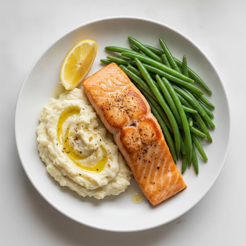 Seared Salmon with Steamed Green Beans and Garlic Mashed Cauliflower