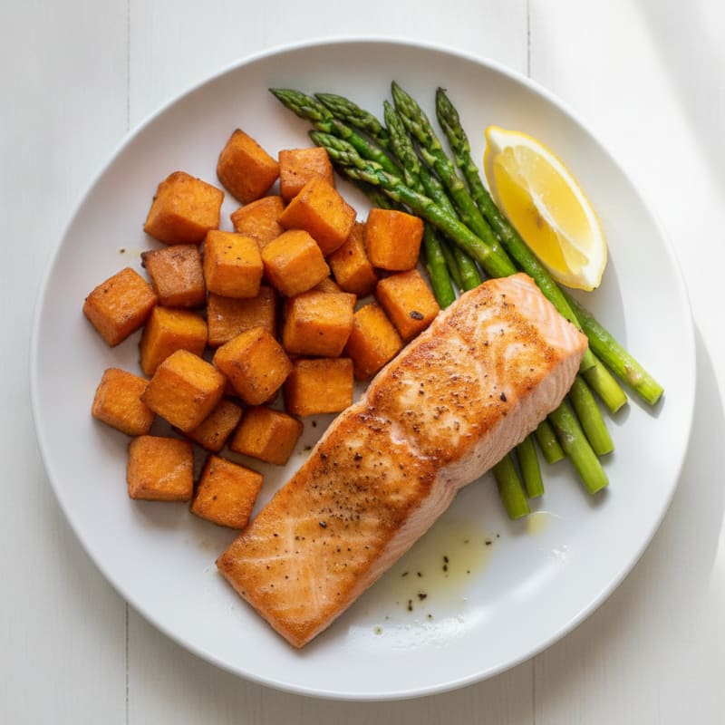 Seared Salmon with Roasted Sweet Potato and Asparagus