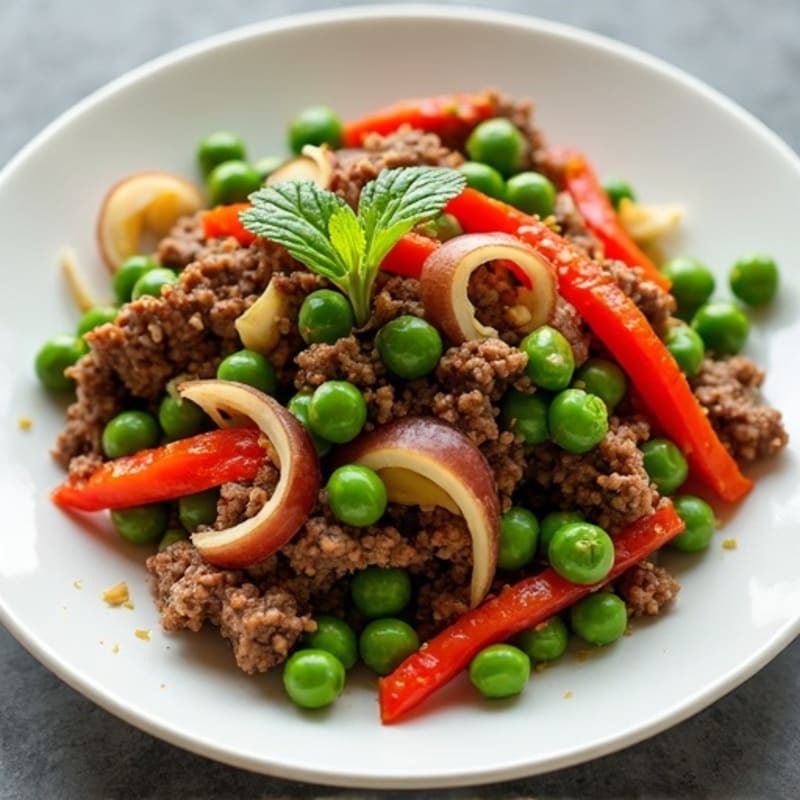 Lean Beef Mince Stir Fry with Peas and Roasted Garlic