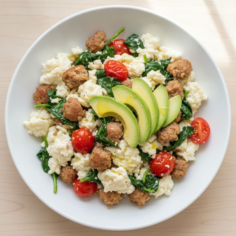 Egg White and Turkey Sausage Scramble with Spinach and Tomatoes