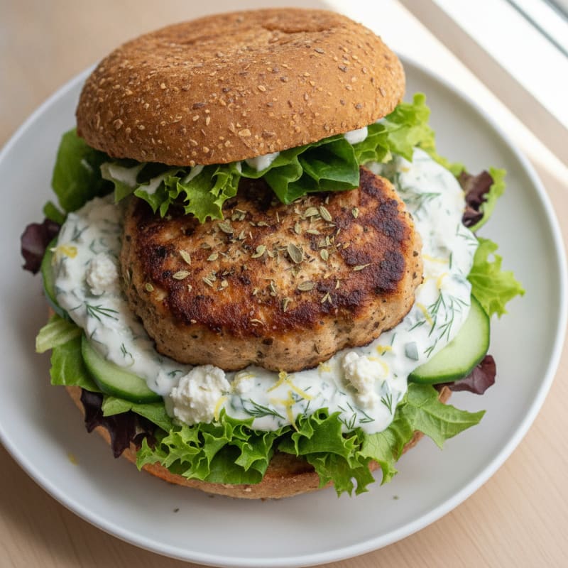 Grilled Chicken Burger with Greek Yogurt Sauce and Mixed Greens