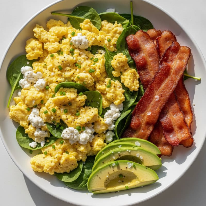 Scrambled Eggs with Cottage Cheese and Turkey Bacon