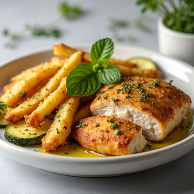 Garlic Herb Roasted Chicken with Crispy Garlic Parmesan Zucchini Fries