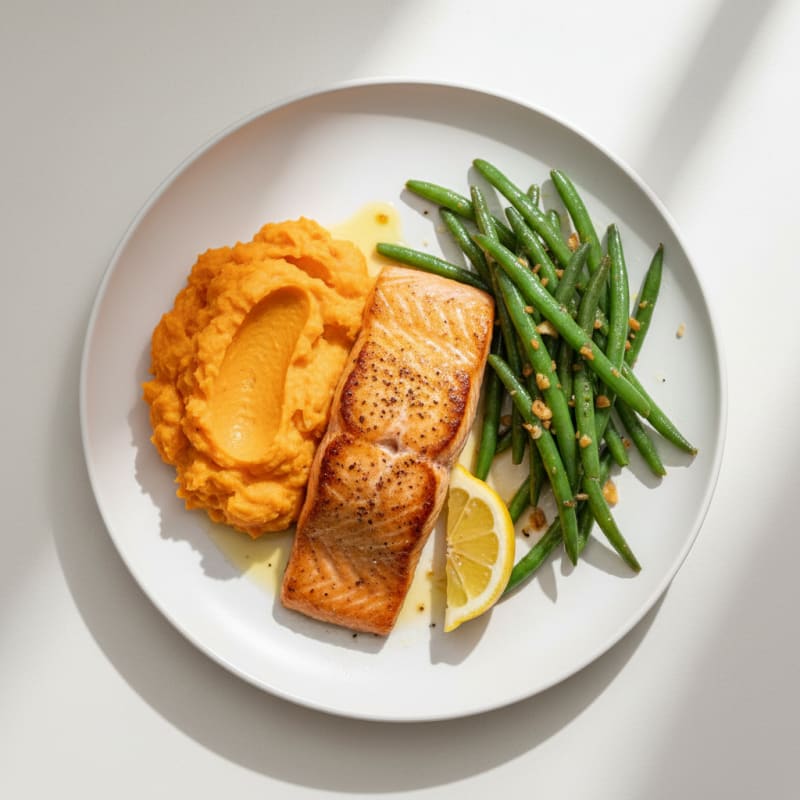 Seared Salmon with Garlic Green Beans and Mashed Sweet Potatoes