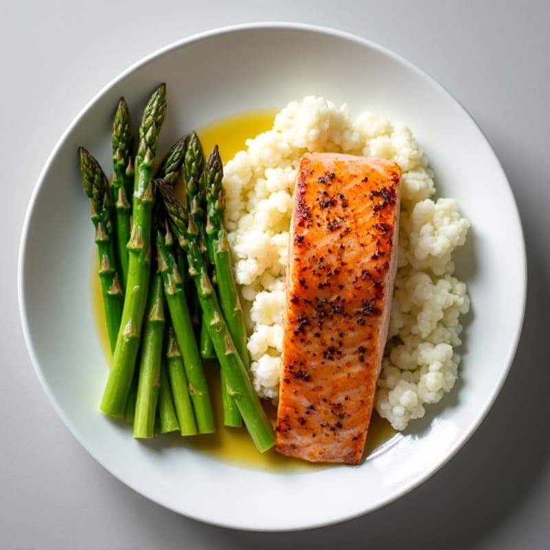 Seared Salmon with Steamed Asparagus and Cauliflower Mash