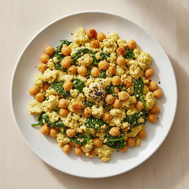 Silky Tofu Chickpea Scramble with Spinach