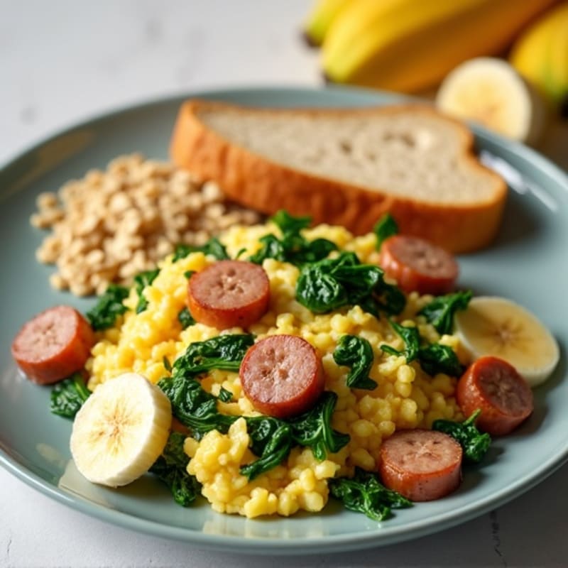 Egg White and Turkey Sausage Scramble with Sautéed Spinach