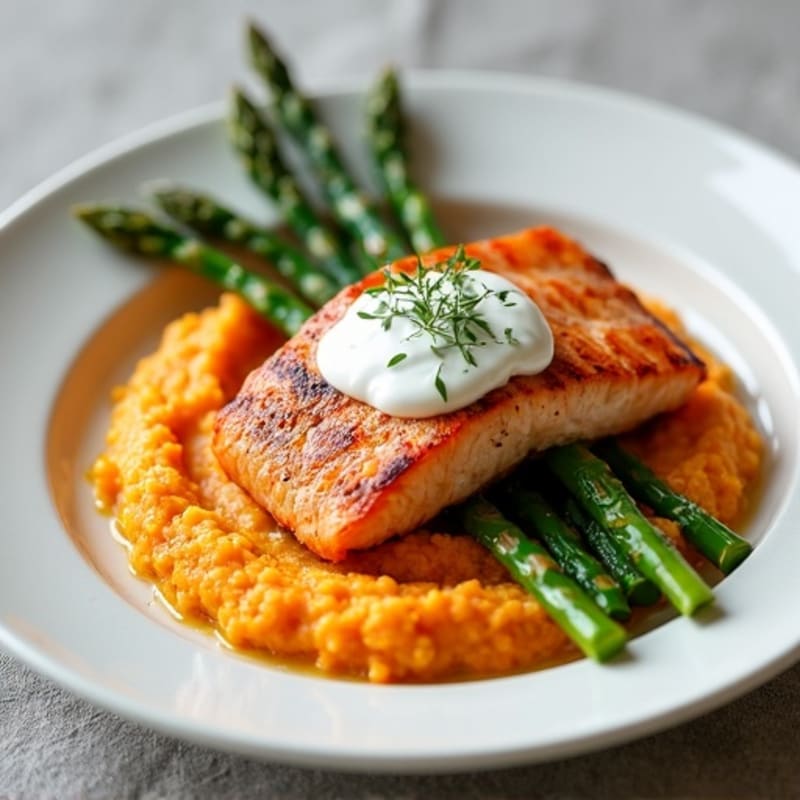 Seared Salmon Fillet with Roasted Asparagus and Sweet Potato Mash