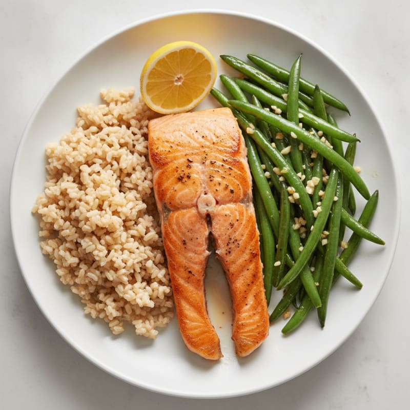 Seared Salmon with Garlic Green Beans and Brown Rice