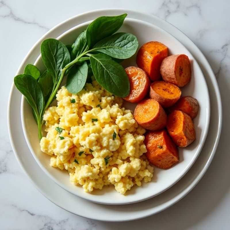Egg White Spinach Scramble with Roasted Sweet Potatoes