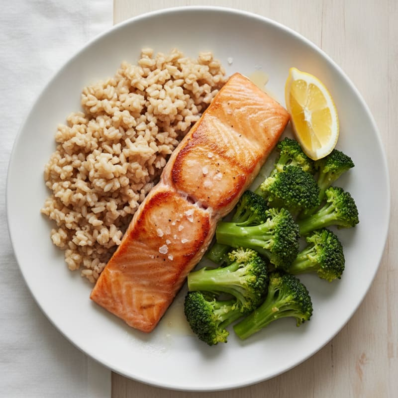 Seared Salmon with Steamed Broccoli and Brown Rice