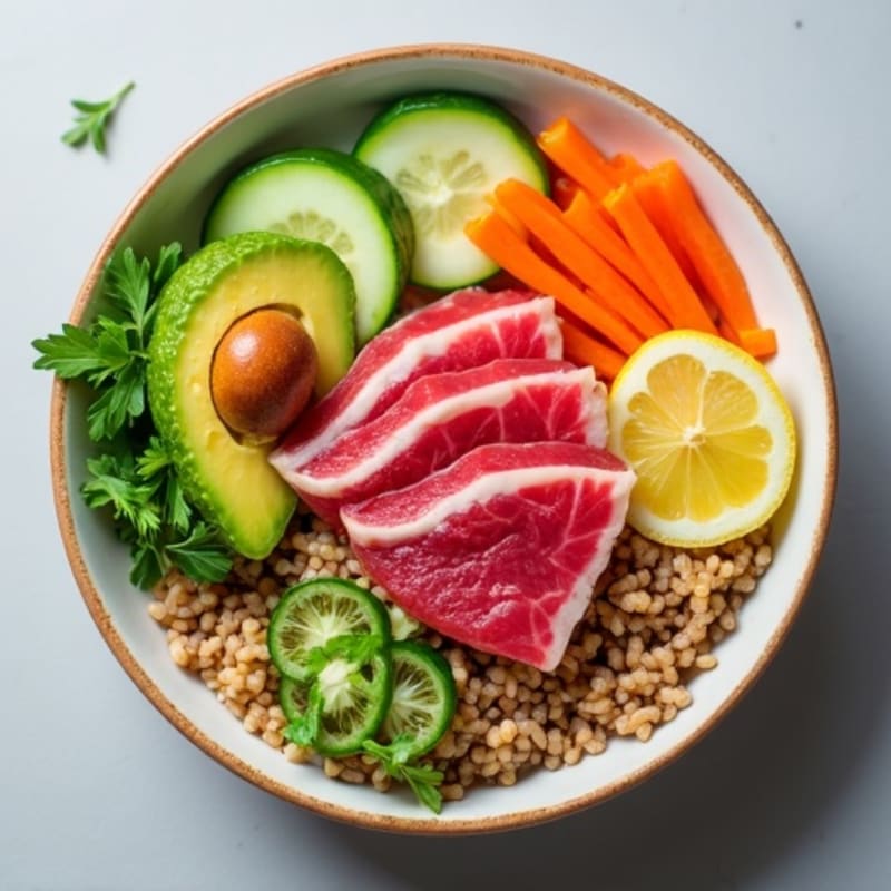 Fresh Tuna and Brown Rice Bowl with Crisp Veggies and Creamy Avocado