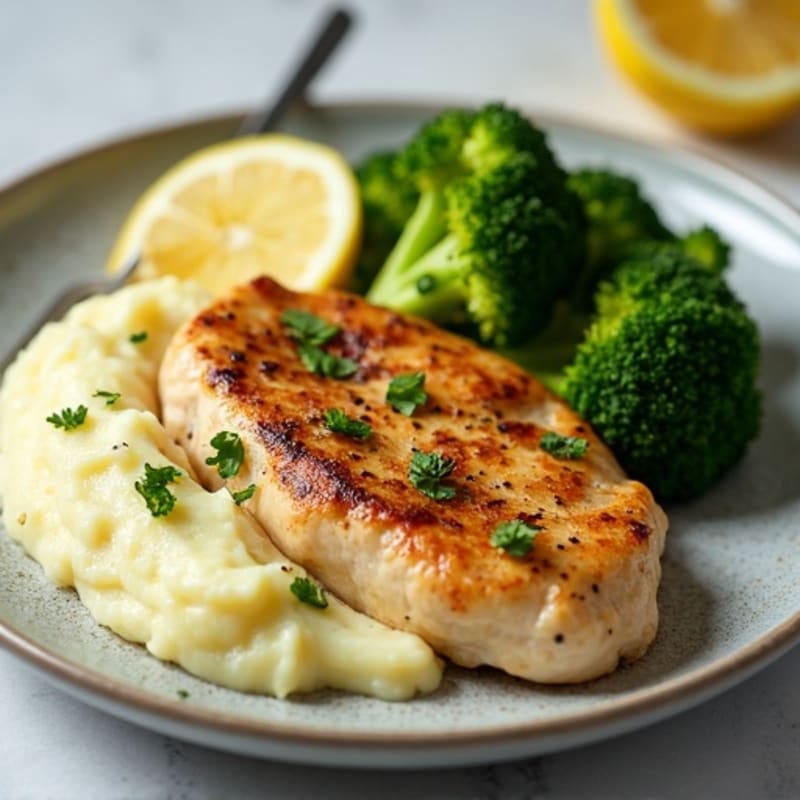 Pan-Seared Lemon Herb Chicken with Creamy Buttery Garlic Mashed Potatoes and Crispy Roasted Broccoli