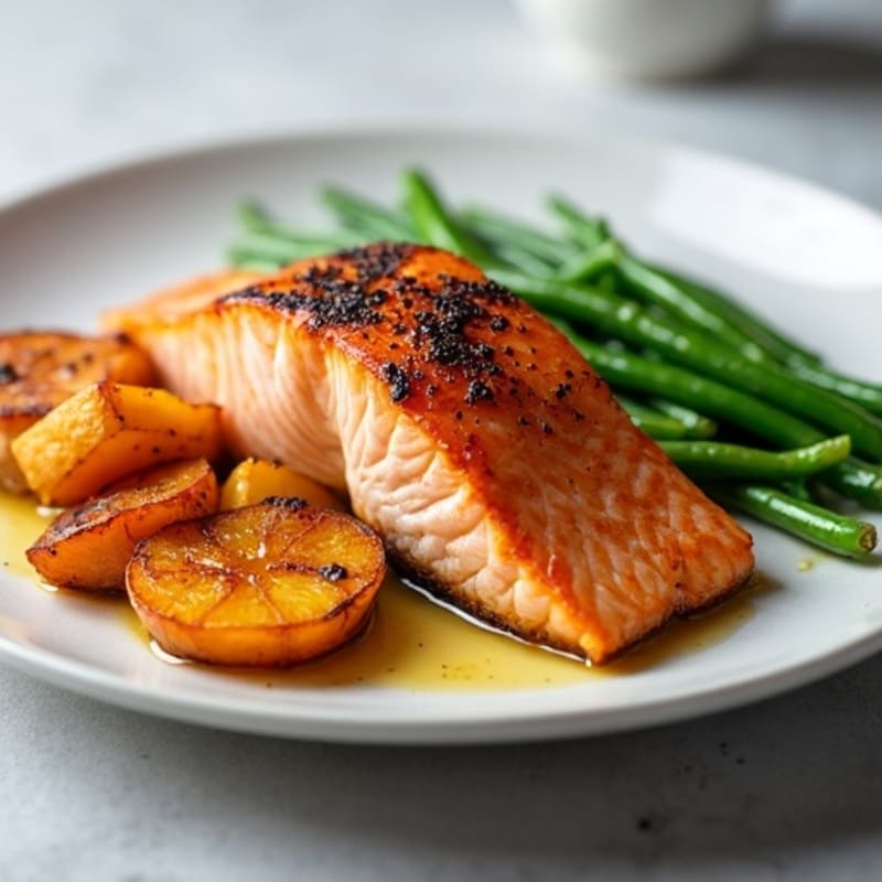 Seared Salmon with Roasted Green Beans and Sweet Potato