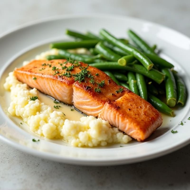 Seared Salmon Fillet with Garlic Green Beans and Cauliflower Mash