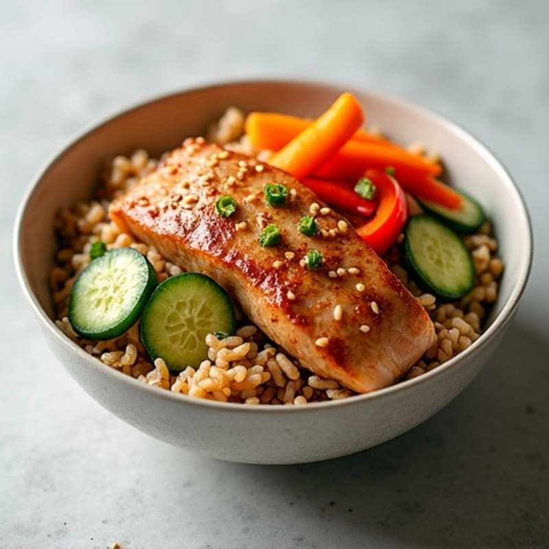 Sesame Ginger Tuna with Brown Rice and Fresh Crunchy Vegetables